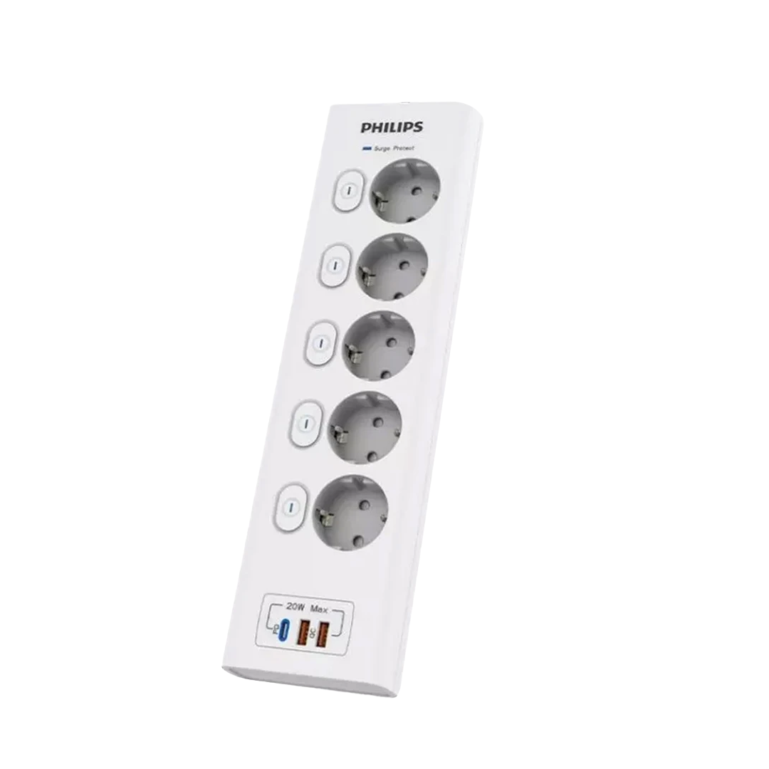 Philips Surge Protection 450J, 4000W, Power Strip 5 Socket + USB PD 20W CHP6752WA
