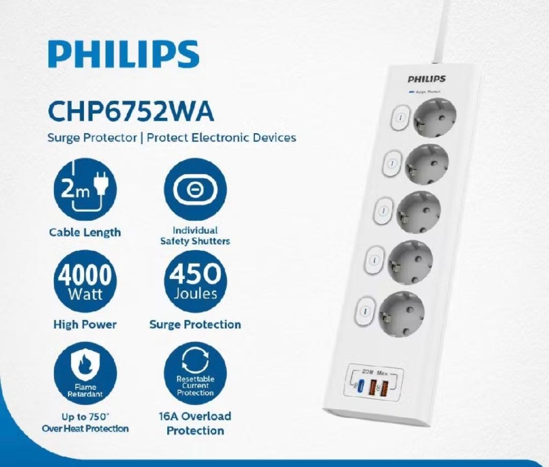 Philips Surge Protection 450J, 4000W, Power Strip 5 Socket USB PD 20W CHP6752WA