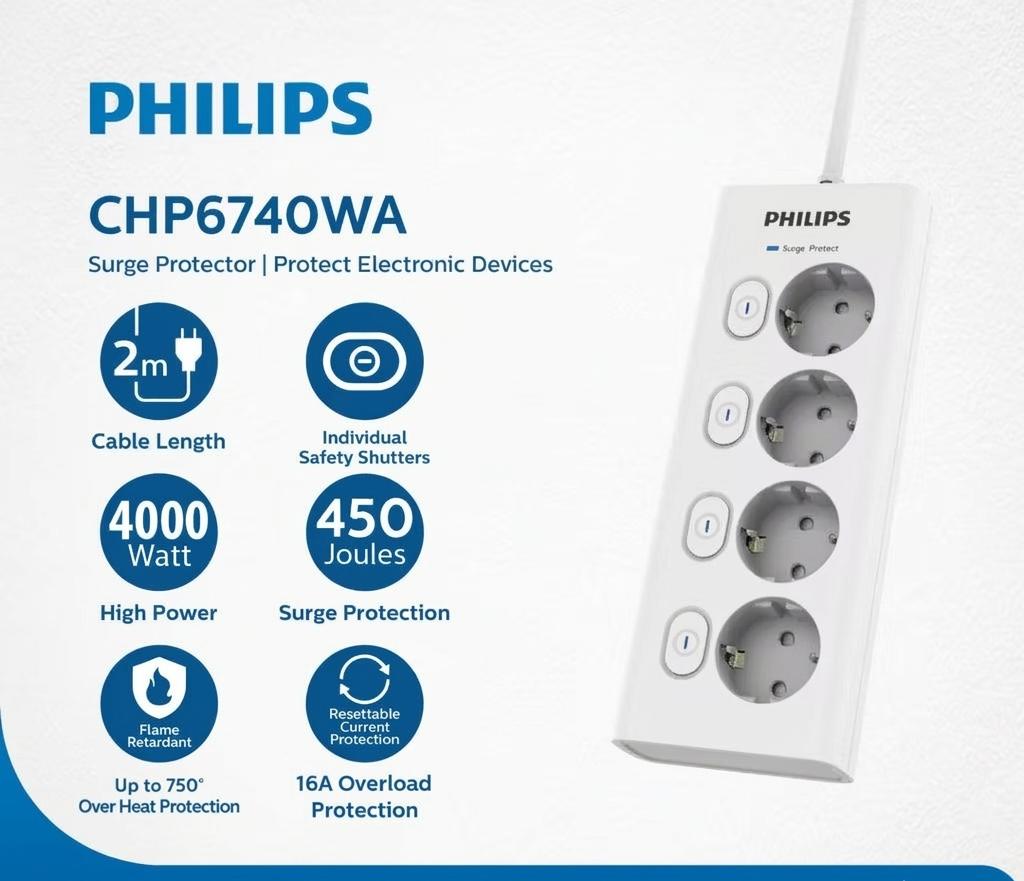 Philips Surge Protection 450J, 4000W, Power Strip 4 Socket 2M CHP6740WA