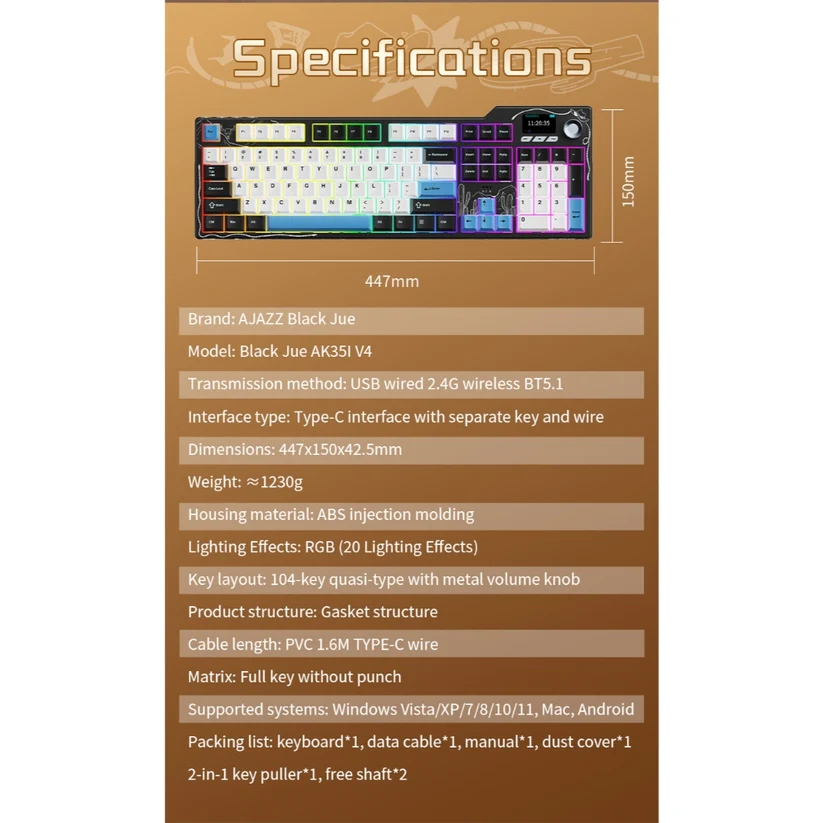 AJAZZ AK35I V4 Wireless Gaming Keyboard Lychee Switch - Black White Blue