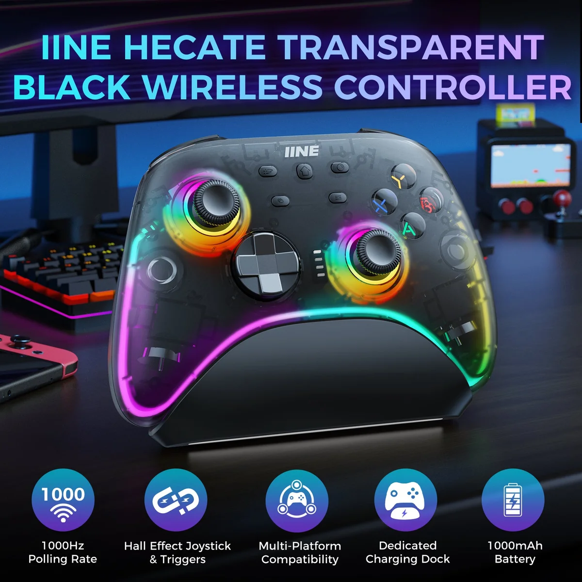 Iine Hecate Transparent Black Wireless Controller With Charging Dock L1044