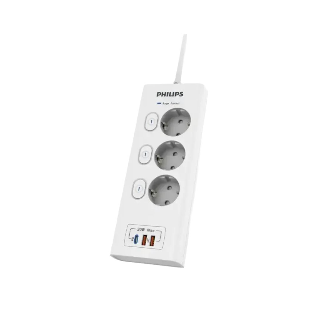 Philips Surge Protection 450J, 4000W, Power Strip 3 Socket 2M CHP6740WA